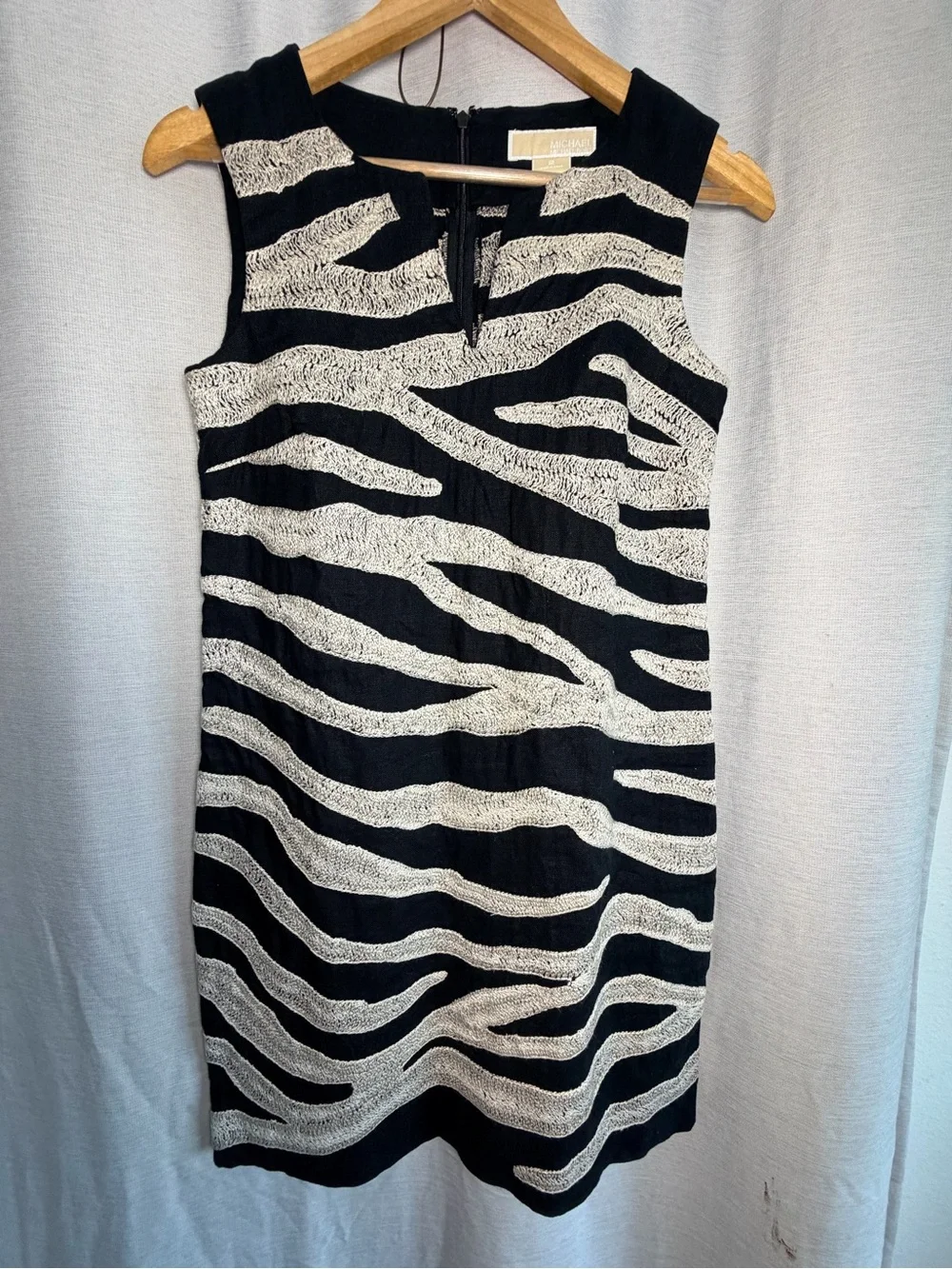 Michael Kors Black & Cream Zebra Print Notch Shift Dress 100% linen